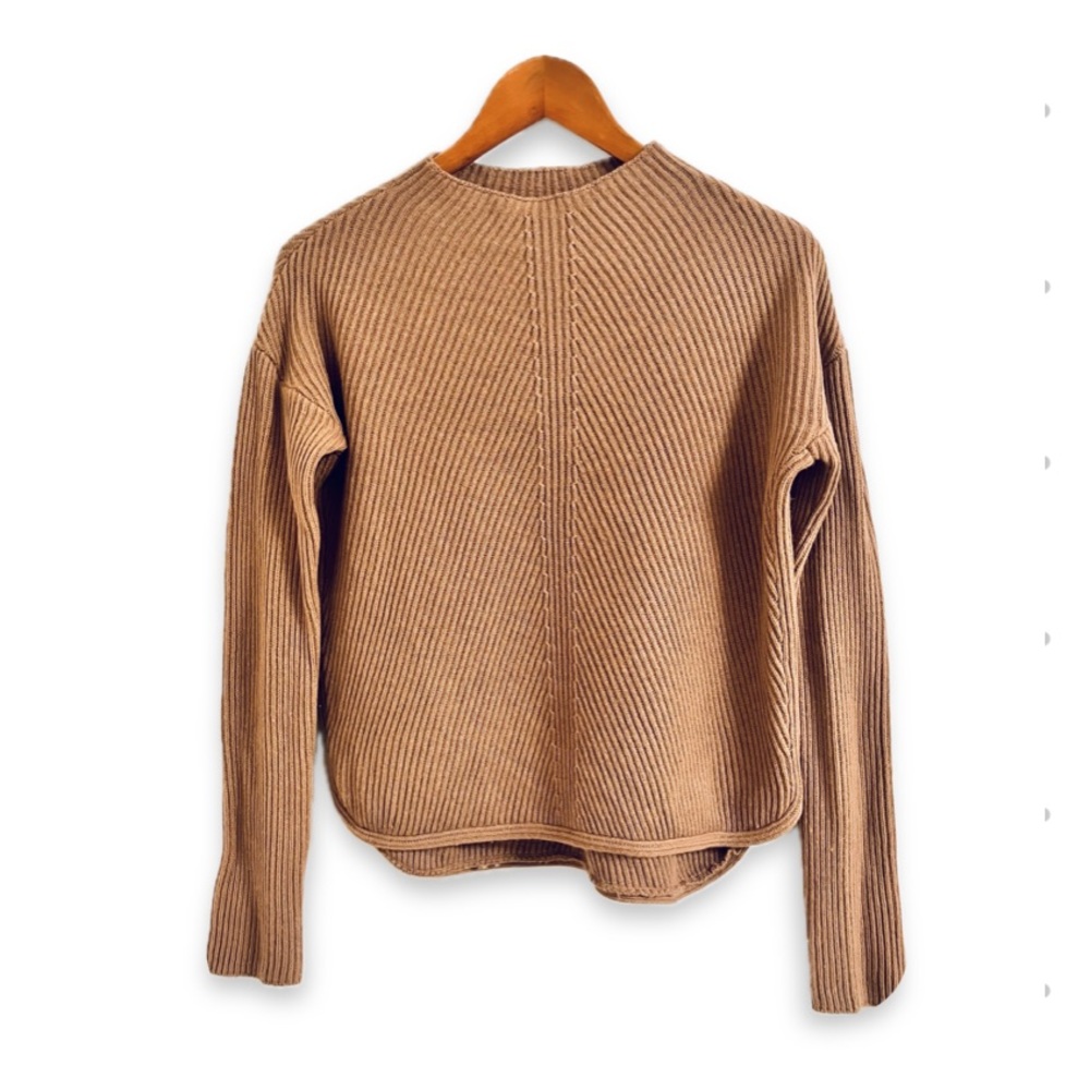 Aritzia Babaton Chalmers Ribbed Mock Neck Sweater Taupe Camel Wool Linen Sz S